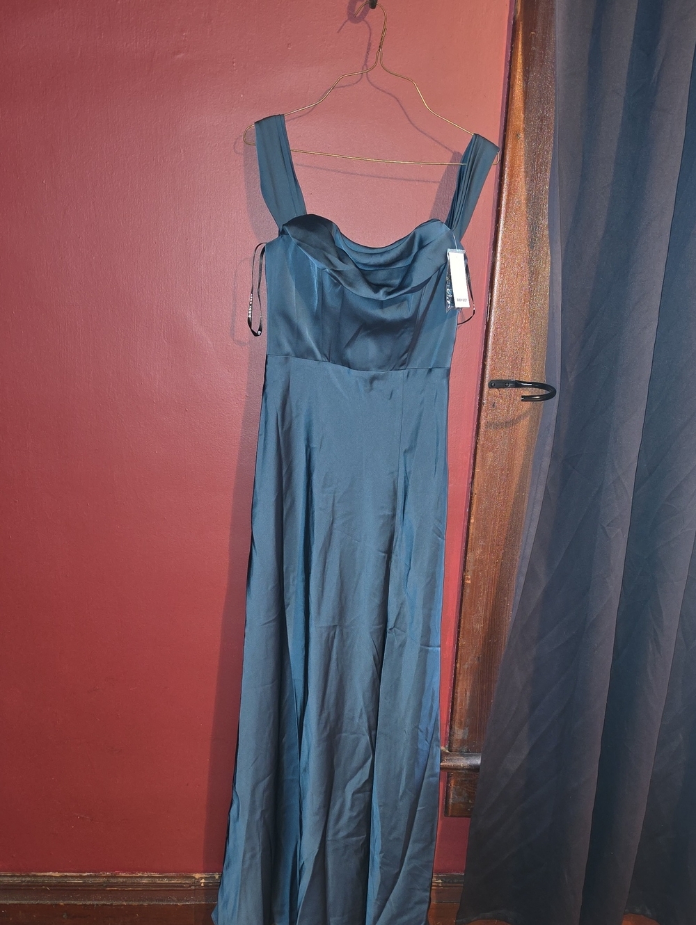 Birdy Grey Slate Blue Satin Cowl Neck Maxi Dress